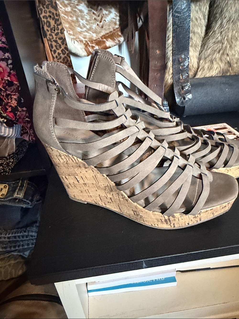 Maurices Taupe Strappy Cork Wedge Sandals